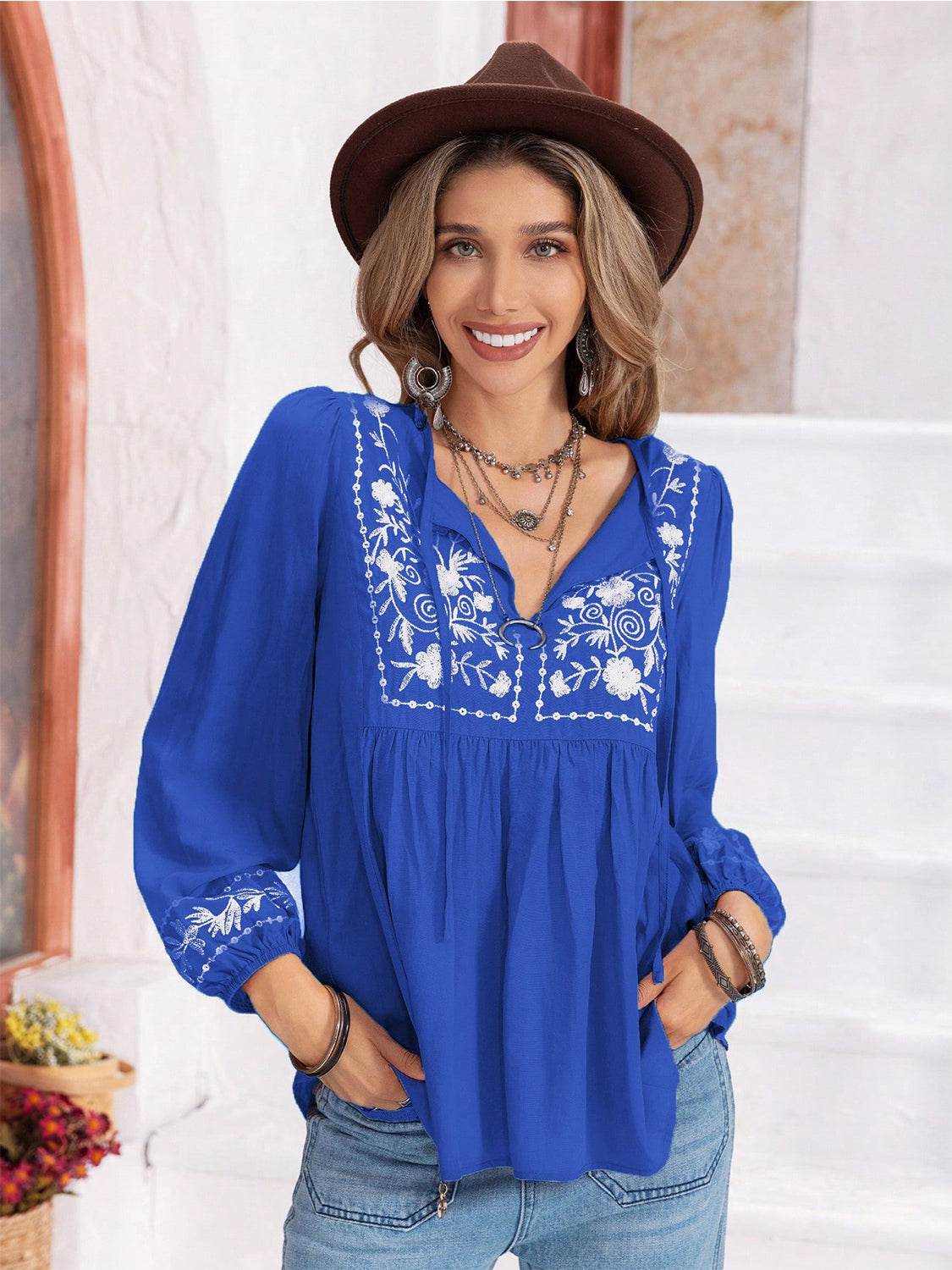 Floral Tie Neck Balloon Sleeve Blouse Royal Blue for a perfect OOTD – dress to impress outfits from Amexza