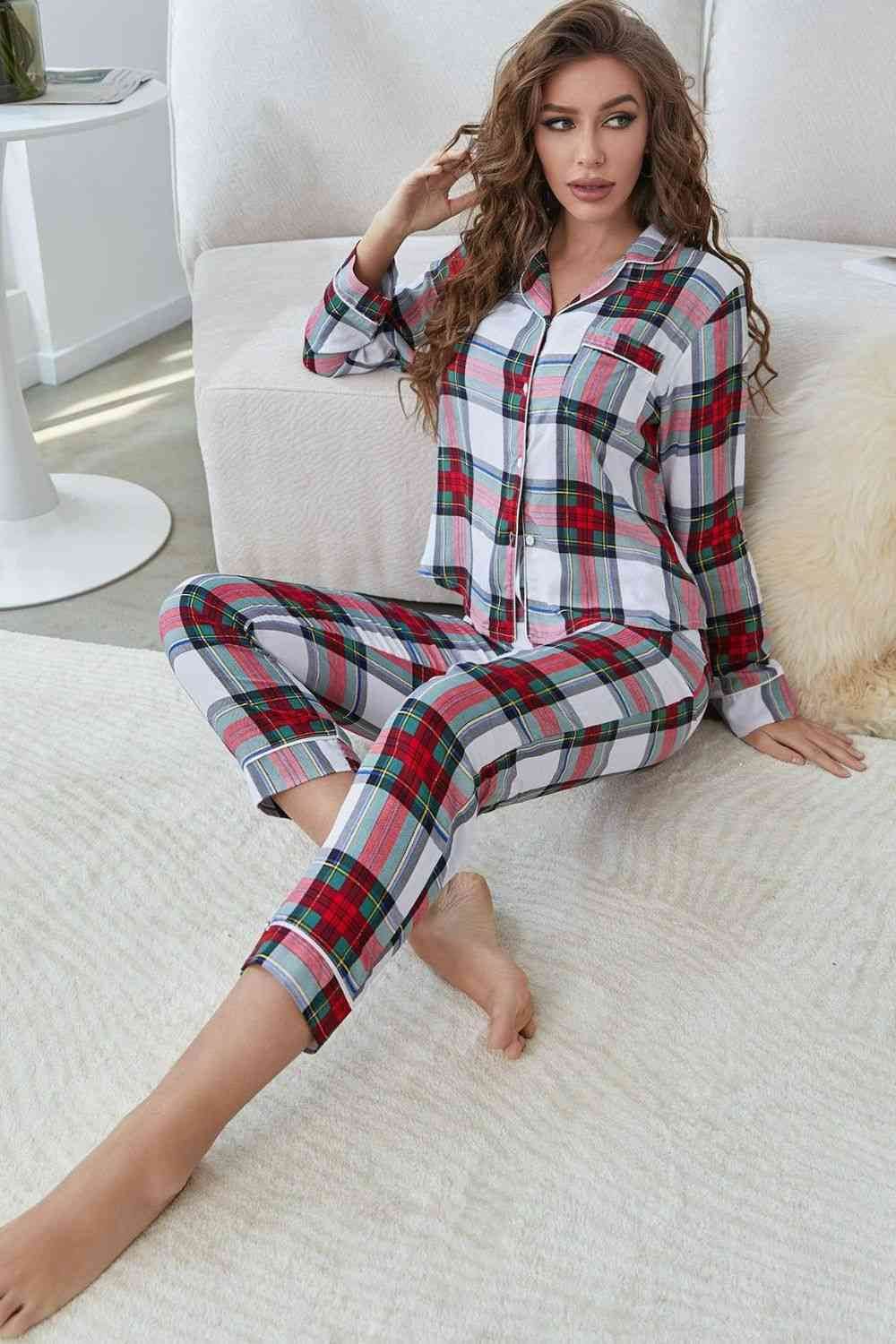 Plaid Button Front Top and Pants Lounge Set for a perfect OOTD – dress to impress outfits from Amexza