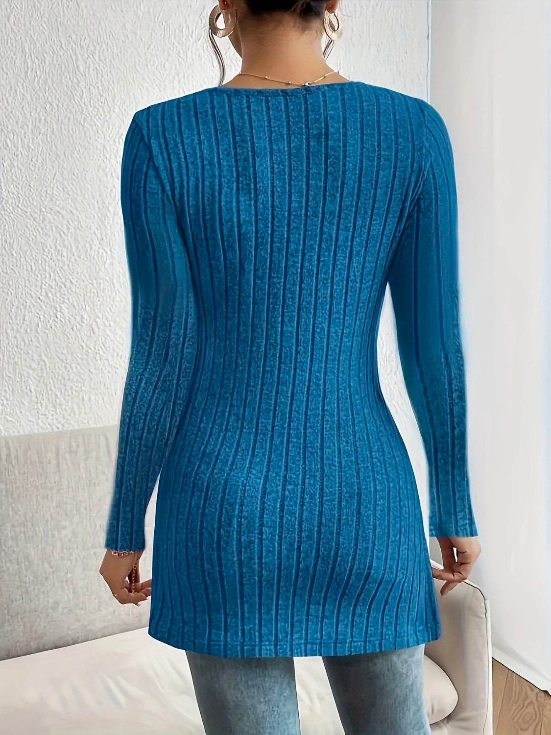 Slit Ribbed V-Neck Long Sleeve T-Shirt for a perfect OOTD – dress to impress outfits from Amexza