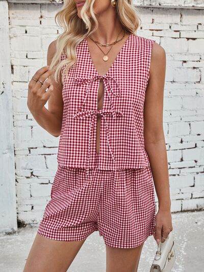 Lovelet Tied Plaid V-Neck Vest and Shorts Set - Amexza