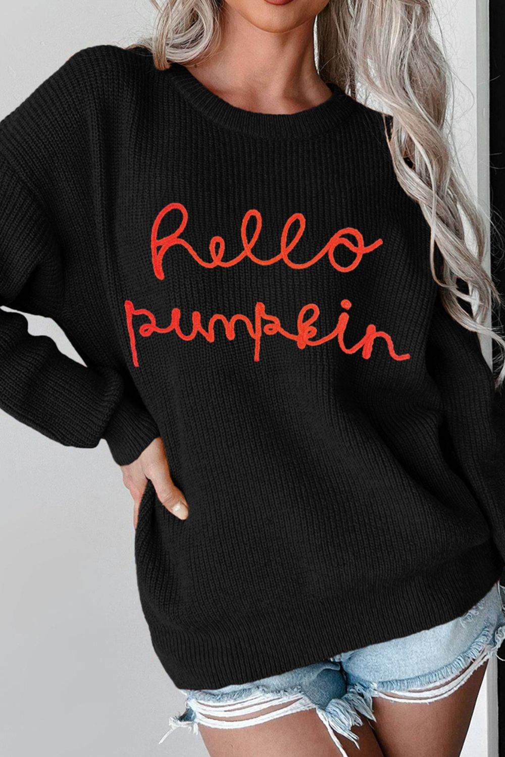 HELLO PUMPKIN Round Neck Long Sleeve Sweater Black for a perfect OOTD – dress to impress outfits from Amexza