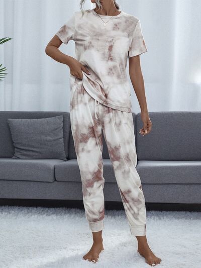 Shiny Tie-Dye Round Neck Short Sleeve Top and Pants Lounge Set Multicolor for a perfect OOTD – dress to impress outfits from Amexza