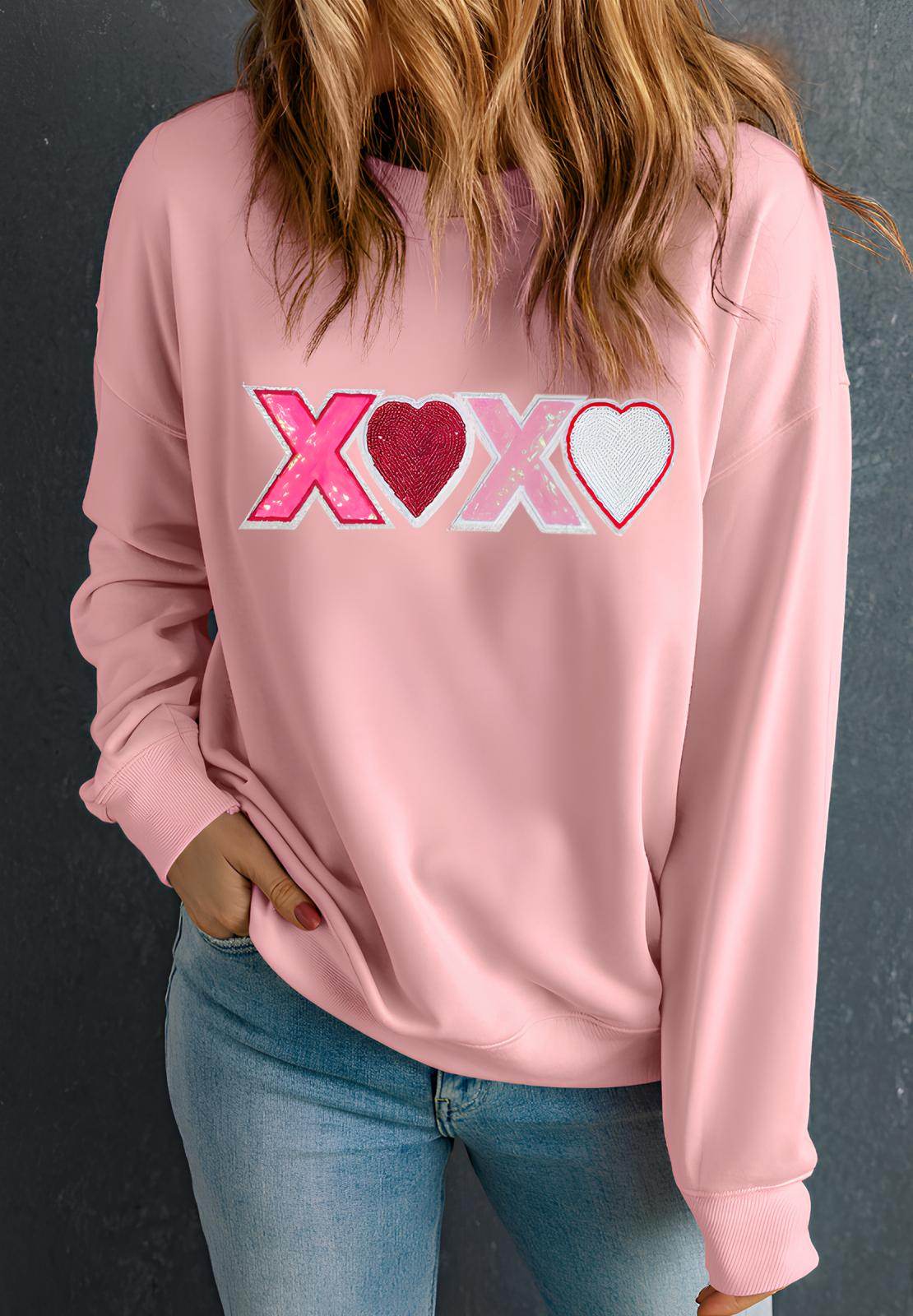 Valentine’s Day XOXO Round Neck Long Sleeve Sweatshirt for a perfect OOTD – dress to impress outfits from Amexza