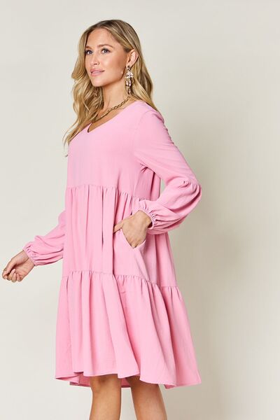 Double Take Full Size V-Neck Balloon Sleeve Tiered Dress with Pockets for a perfect OOTD – dress to impress outfits from Amexza