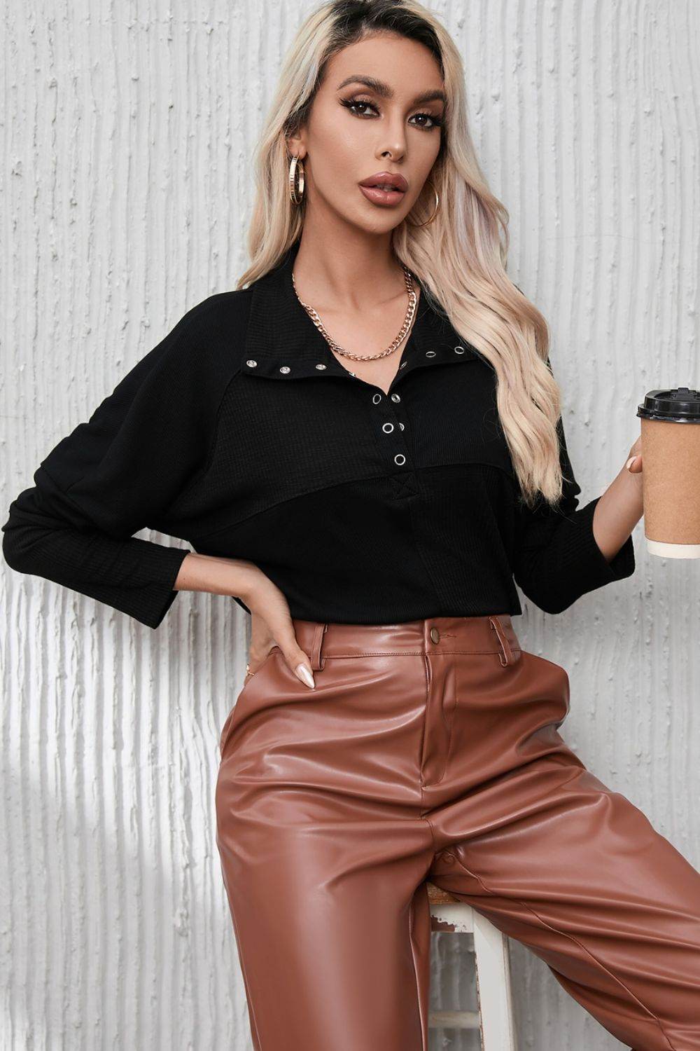 Ribbed Knit Henry Collar Loose Fitting Long Sleeve Top - Amexza