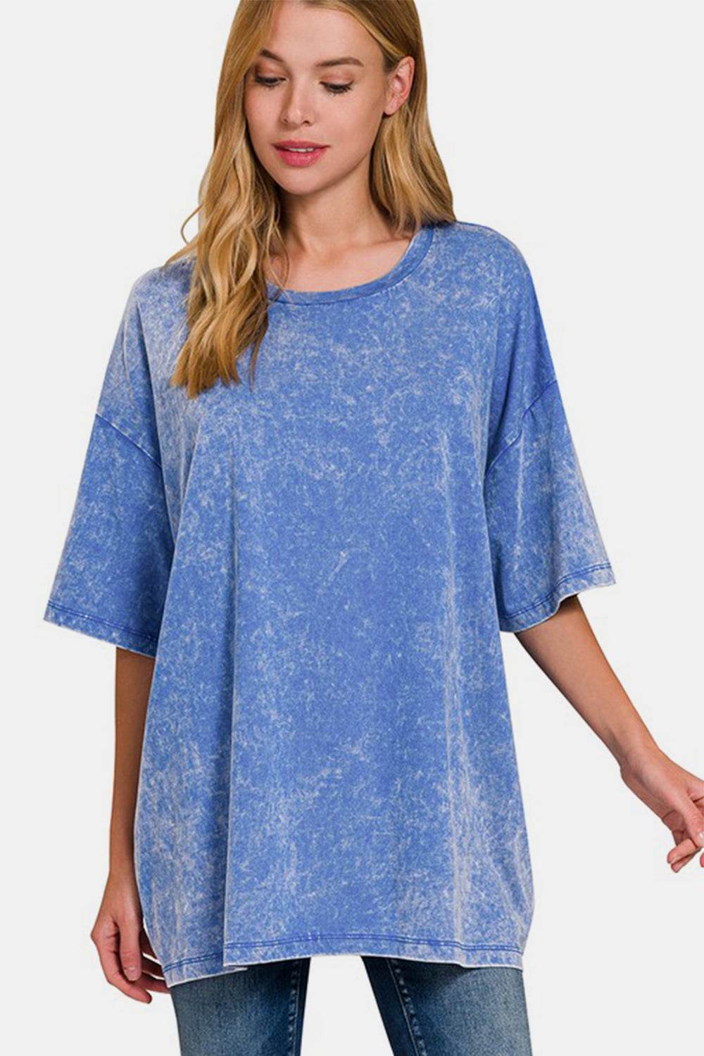 Zenana Full Size Washed Round Neck Drop Shoulder Oversized T-Shirt - Amexza