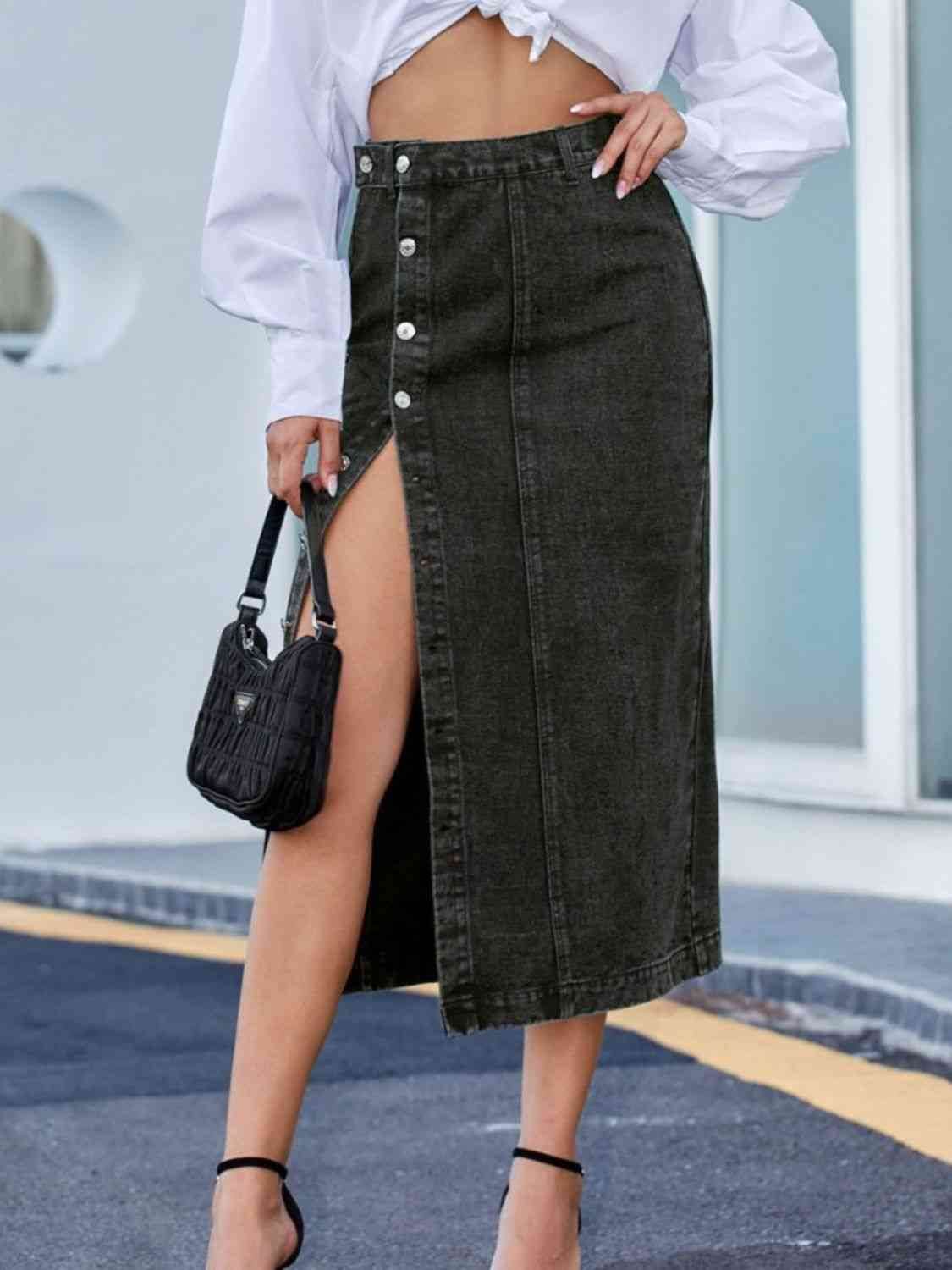 Button Down Denim Skirt - Amexza