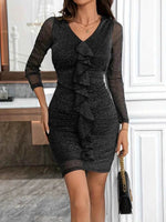 Metallic Ruffled V-Neck Long Sleeve Mini Dress for a perfect OOTD – dress to impress outfits from Amexza