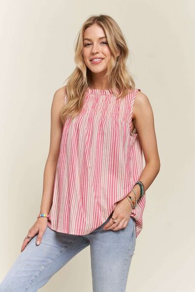 ADORA Contrast Striped Frill Round Neck Sleeveless Top Hot Pink for a perfect OOTD – dress to impress outfits from Amexza