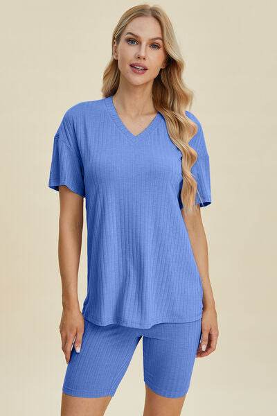 Basic Bae Full Size Ribbed V-Neck Short Sleeve Top and Shorts Set Blue for a perfect OOTD – dress to impress outfits from Amexza