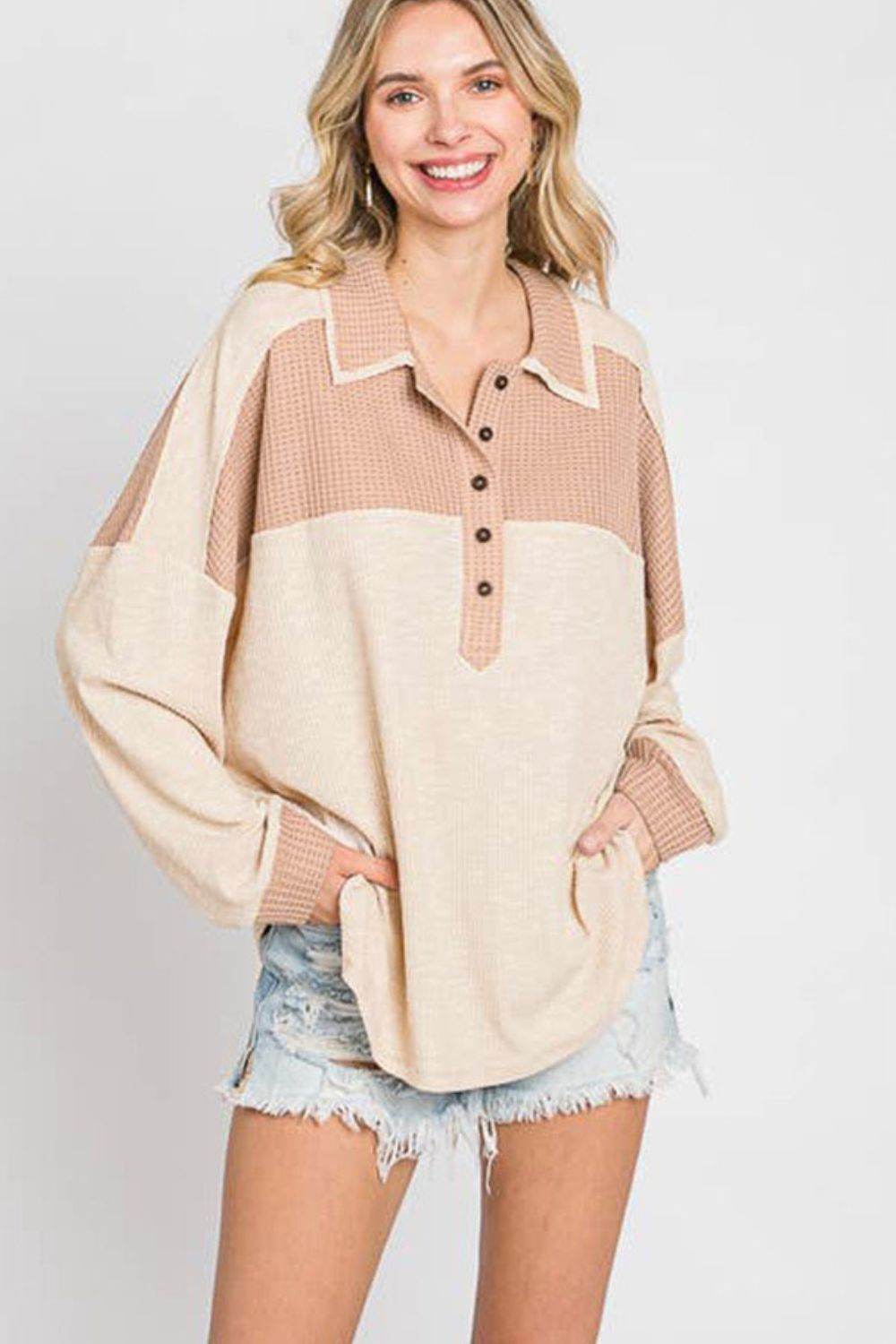 Waffle-Knit Color Block Half Button Long Sleeve Top for a perfect OOTD – dress to impress outfits from Amexza