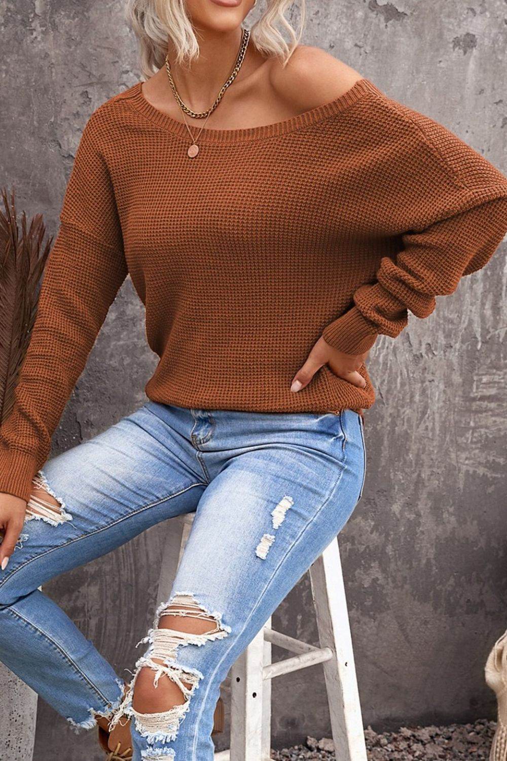 Woven Right Crisscross Back Waffle-Knit Sweater for a perfect OOTD – dress to impress outfits from Amexza