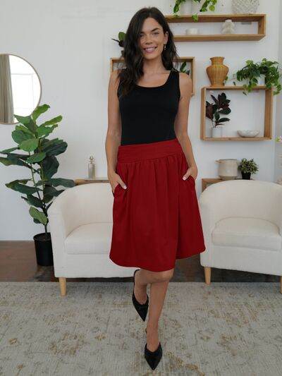 FAM-FAM Elastic Waist Skirt with Pockets Burgundy for a perfect OOTD – dress to impress outfits from Amexza