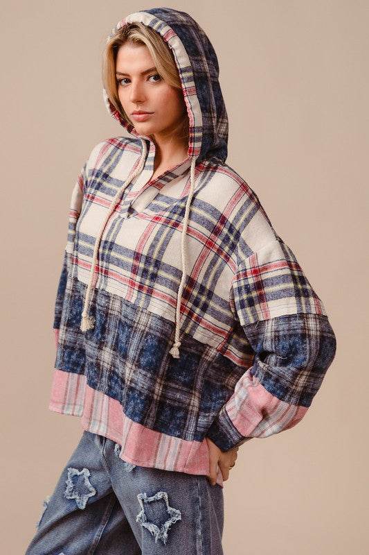 BiBi Drawstring Plaid Drop Shoulder Hoodie for a perfect OOTD – dress to impress outfits from Amexza