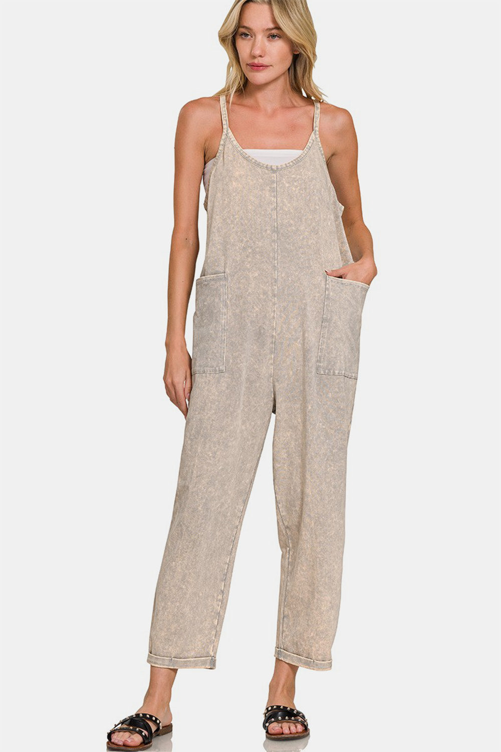 Zenana Washed Spaghetti Straps Overalls with Pockets - Amexza