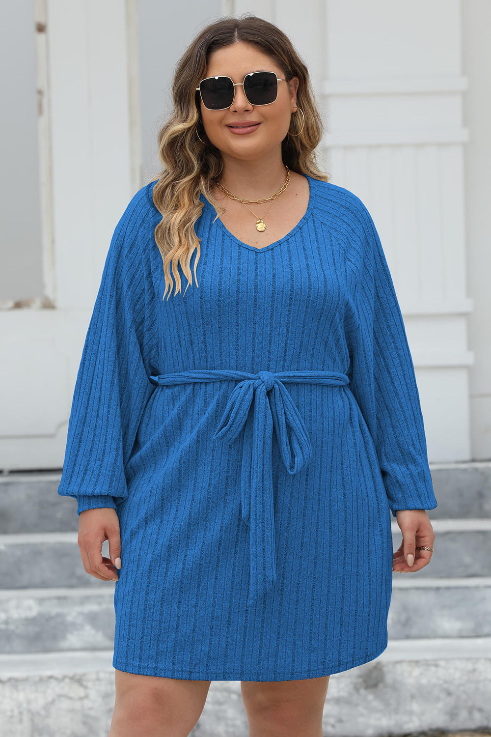 Plus Size Ribbed Tie Front Long Sleeve Sweater Dress for a perfect OOTD – dress to impress outfits from Amexza