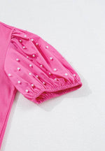 Pearl Detail Round Neck Puff Sleeve Blouse - Amexza