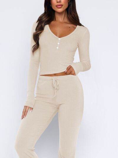 V-Neck Long Sleeve Top and Pants Set - Amexza