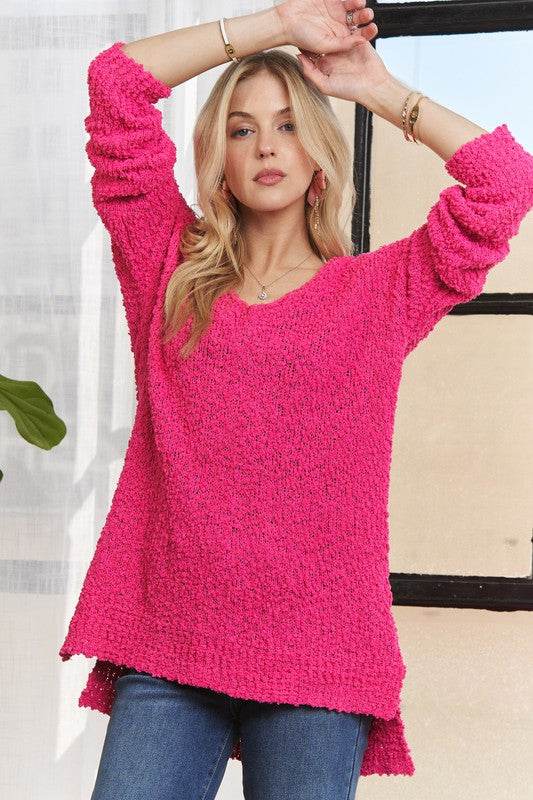 ADORA High-Low Side Slit V-Neck Sweater Hot Pink for a perfect OOTD – dress to impress outfits from Amexza