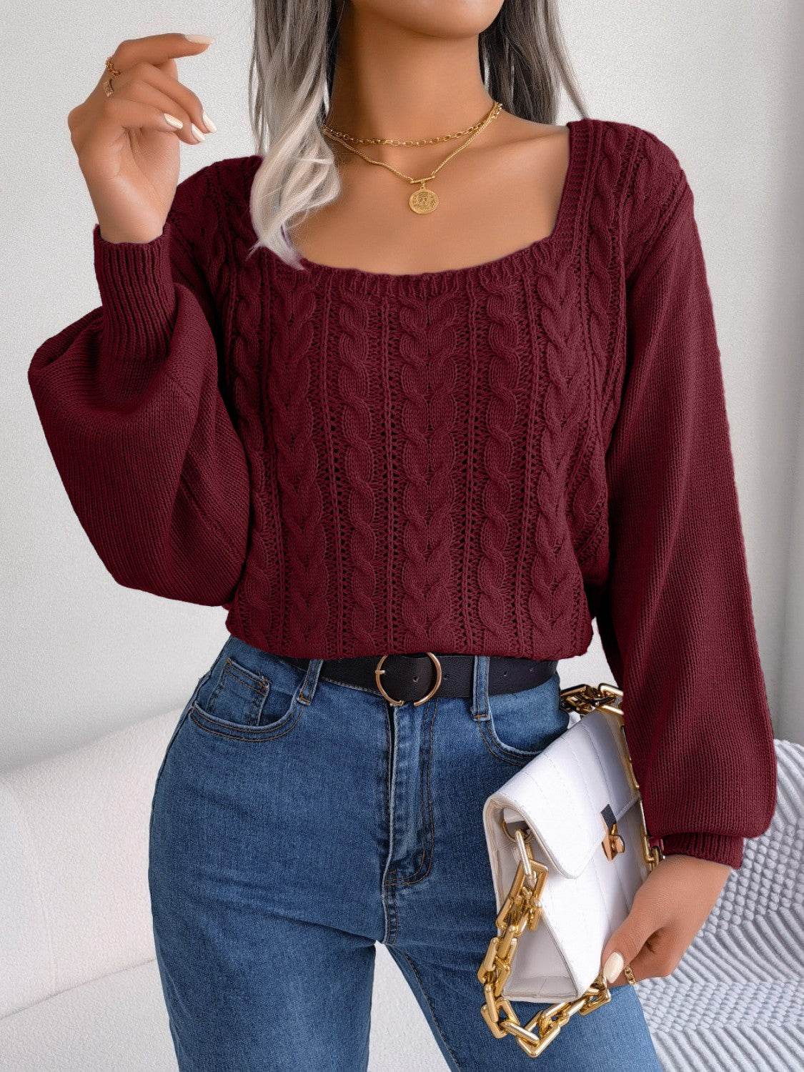 Cable-Knit Square Neck Long Sleeve Sweater for a perfect OOTD – dress to impress outfits from Amexza