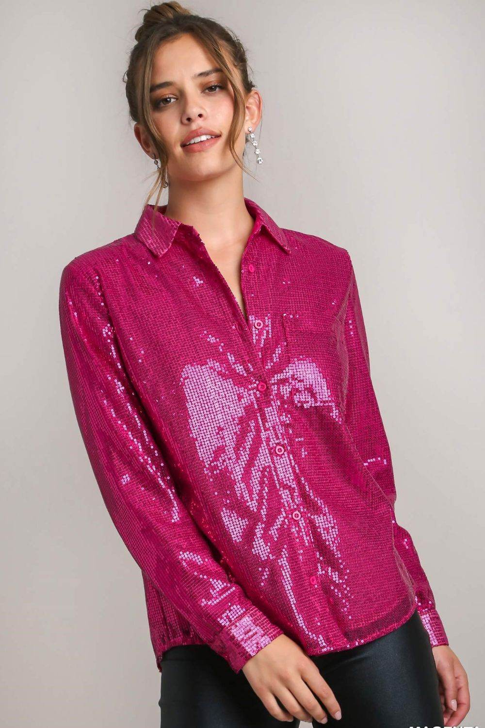 Umgee Sequin Long Sleeve Shirt with Side Chest Pocket Cerise for a perfect OOTD – dress to impress outfits from Amexza