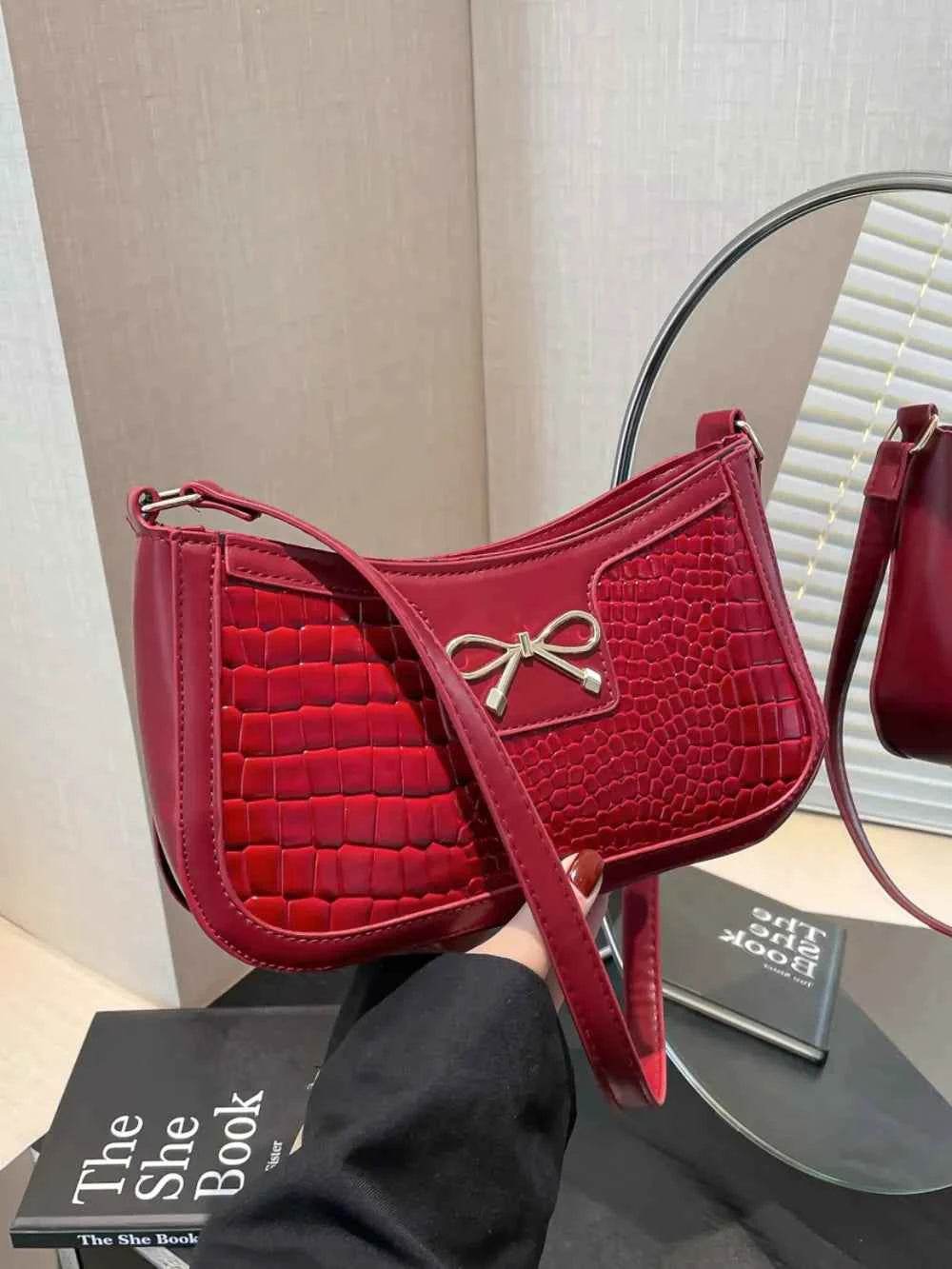 Bow PU Leather Shoulder Bag Red One Size for a perfect OOTD – dress to impress outfits from Amexza