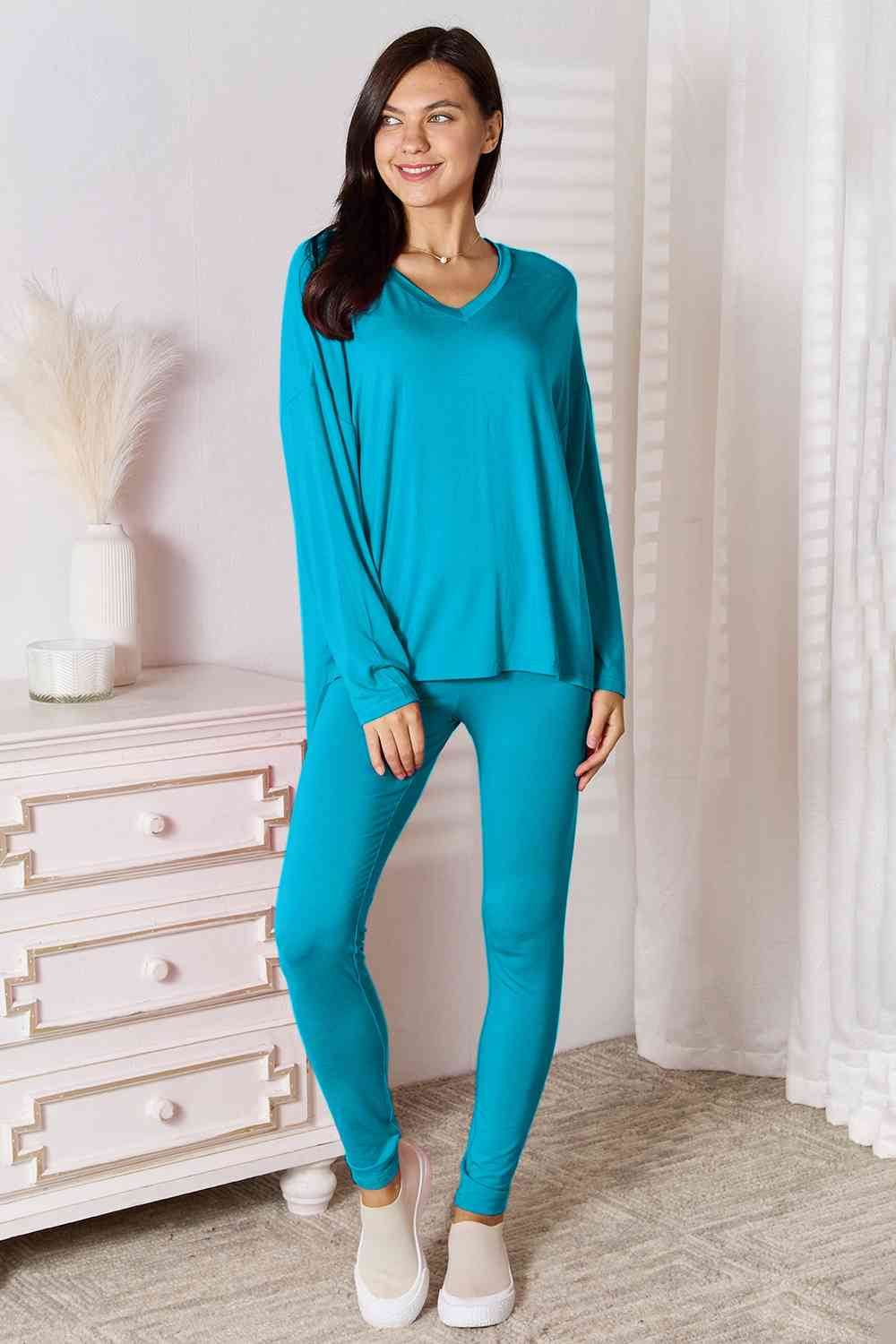 Basic Bae Full Size V-Neck Soft Rayon Long Sleeve Top and Pants Lounge Set Sky Blue for a perfect OOTD – dress to impress outfits from Amexza