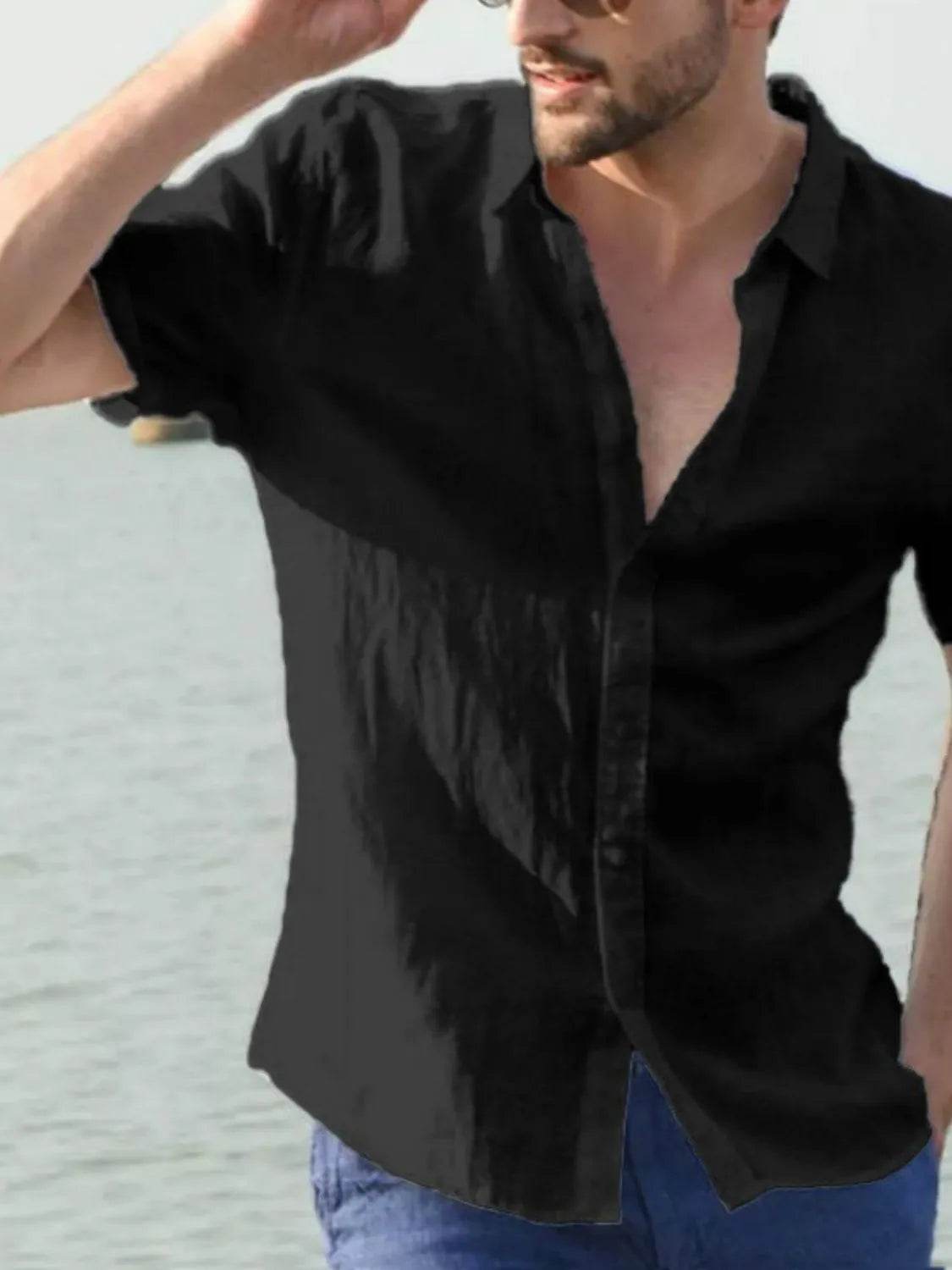 Men's Full Size Button Up Short Sleeve Shirt Plus Size Black for a perfect OOTD – dress to impress outfits from Amexza