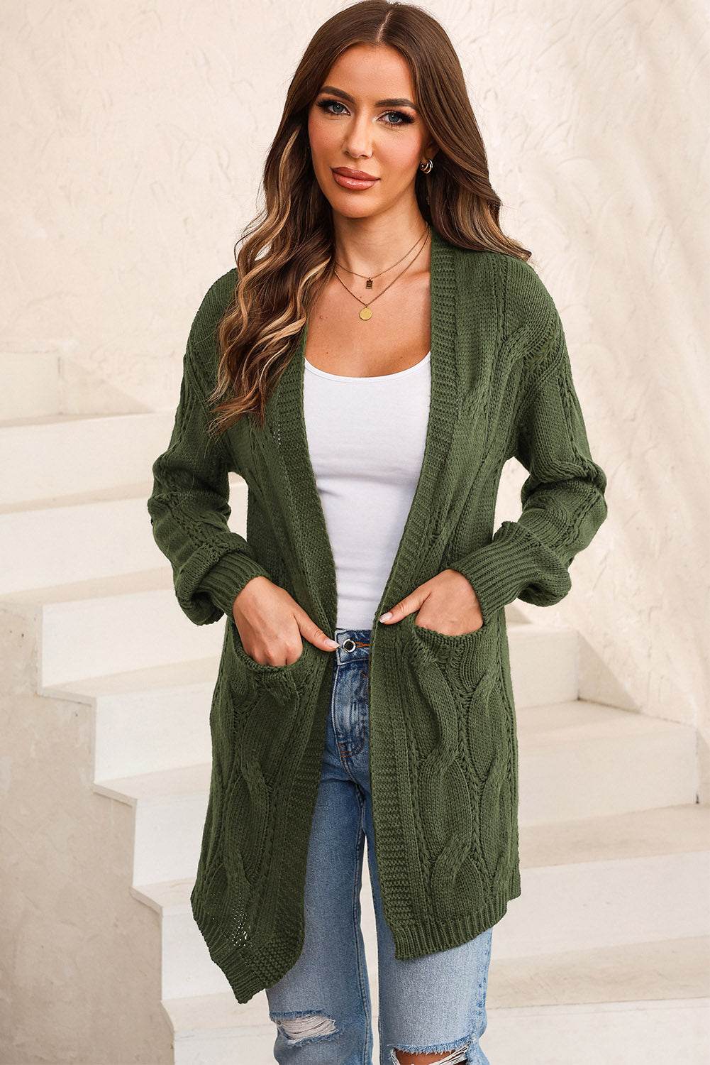 Cable-Knit Dropped Shoulder Slit Cardigan Matcha Green for a perfect OOTD – dress to impress outfits from Amexza