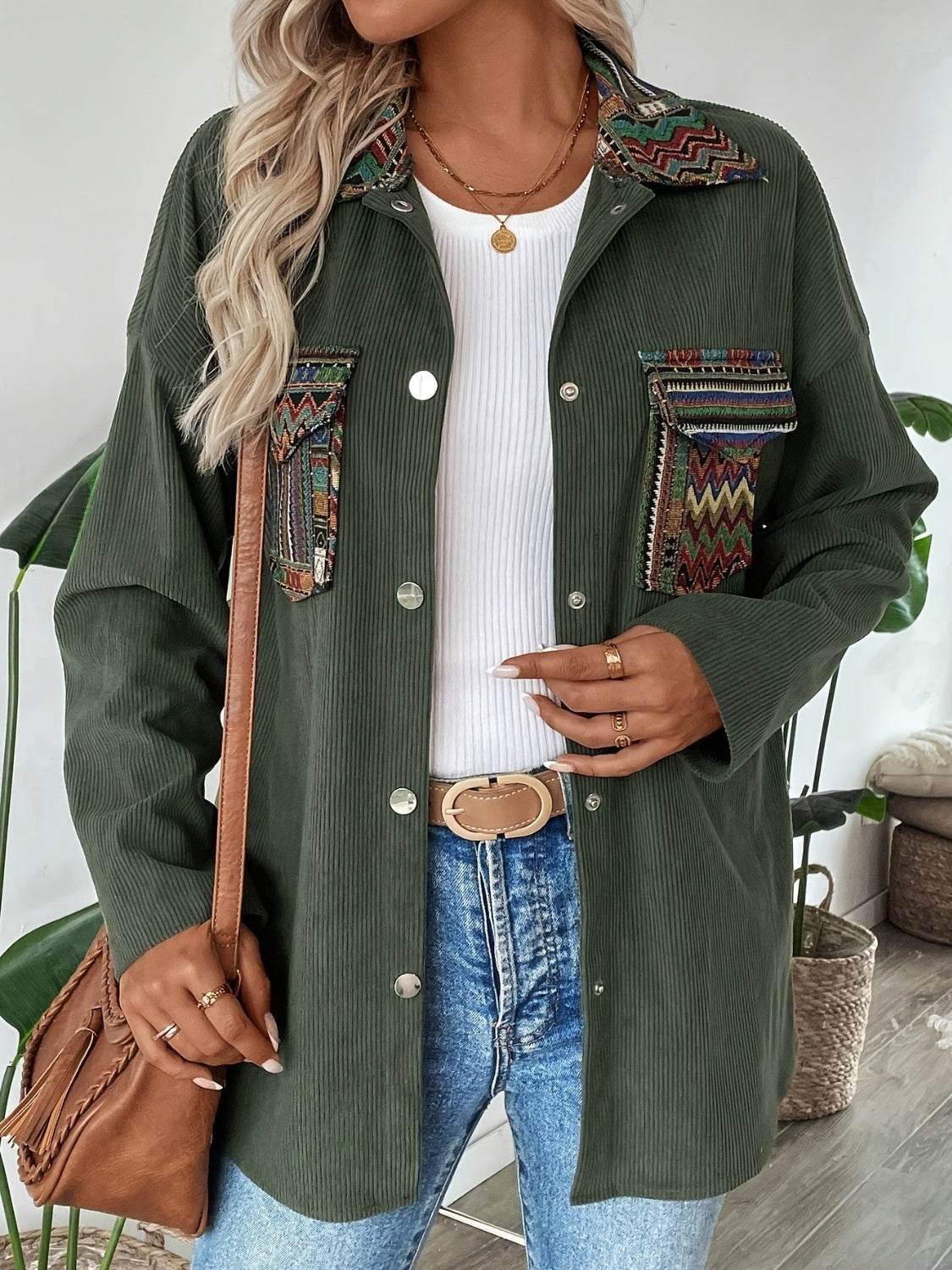 Snap Down Long Sleeve Jacket with Chest Pockets Army Green for a perfect OOTD – dress to impress outfits from Amexza