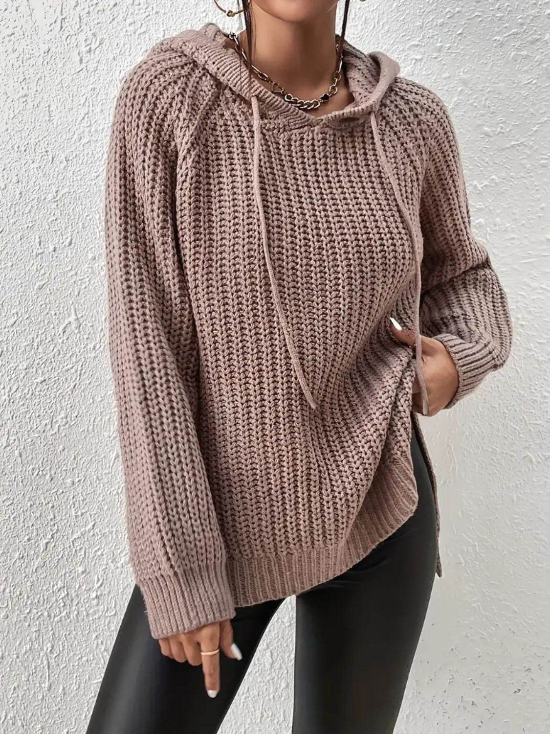 High-Low Side Slit Drawstring Long Sleeve Hooded Sweater for a perfect OOTD – dress to impress outfits from Amexza