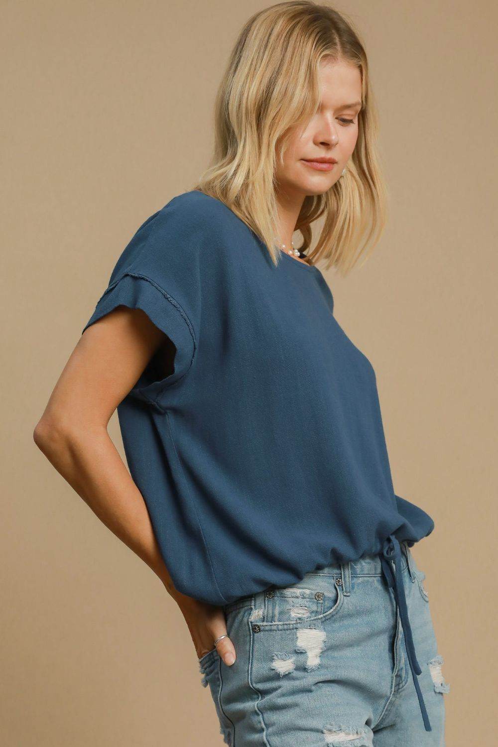 Umgee Drawstring Hem Round Neck Short Sleeve T-Shirt - Amexza