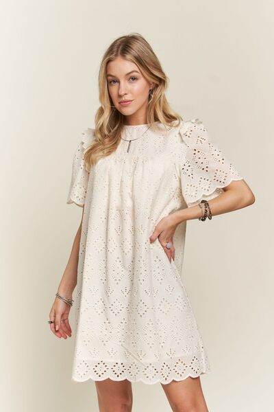 ADORA Ruffled Eyelet Round Neck Dress for a perfect OOTD – dress to impress outfits from Amexza