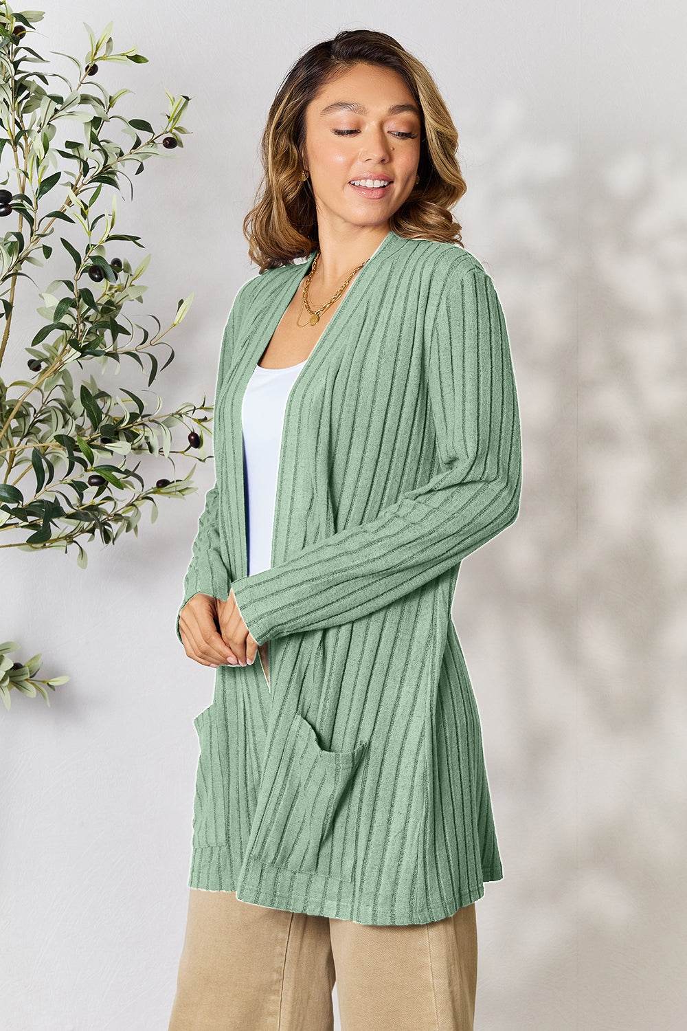 Basic Bae Full Size Ribbed Open Front Cardigan with Pockets for a perfect OOTD – dress to impress outfits from Amexza