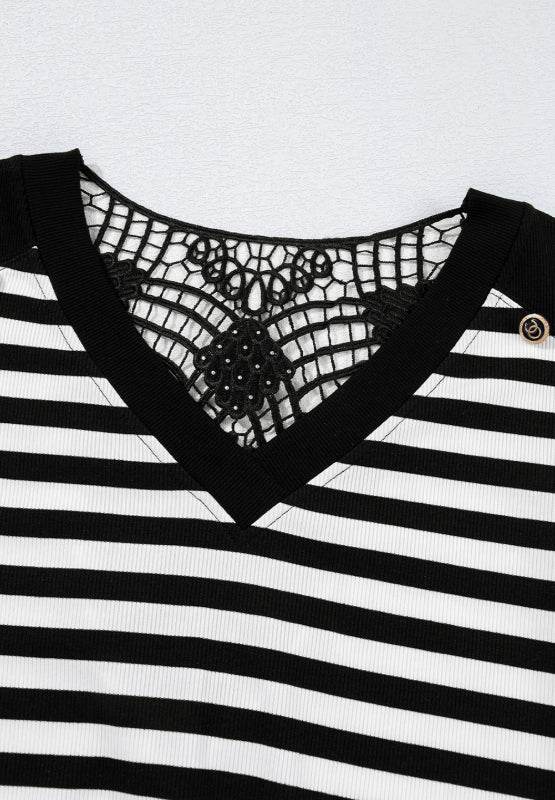 Striped Lace Detail V Neck Top for a perfect OOTD – dress to impress outfits from Amexza