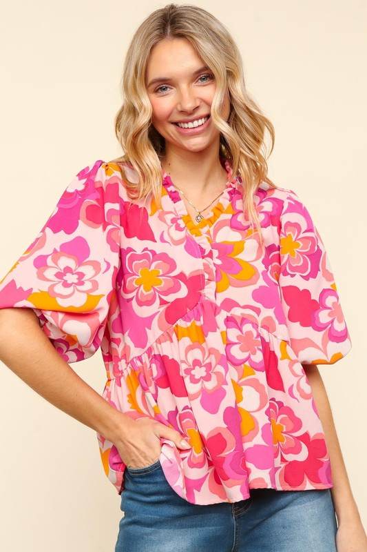 Haptics Full Size Frill Floral Puff Sleeve Blouse Blush Fuchsia for a perfect OOTD – dress to impress outfits from Amexza