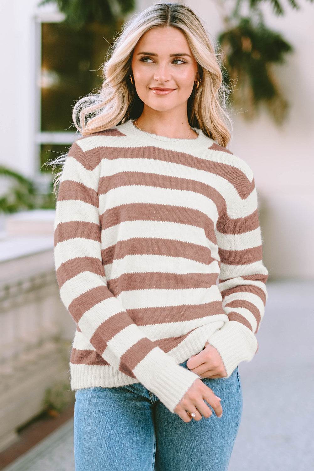 Striped Round Neck Long Sleeve Sweater Khaki for a perfect OOTD – dress to impress outfits from Amexza