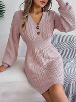 Buttoned Cable-Knit V-Neck Sweater Dress for a perfect OOTD – dress to impress outfits from Amexza