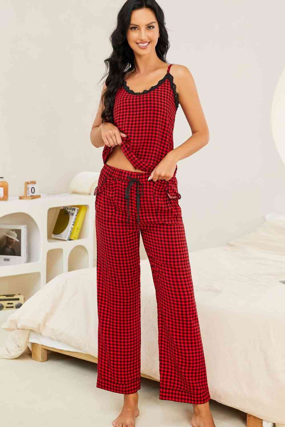 Plaid Lace Trim Cami and Drawstring Pants Pajama Set Plaid for a perfect OOTD – dress to impress outfits from Amexza