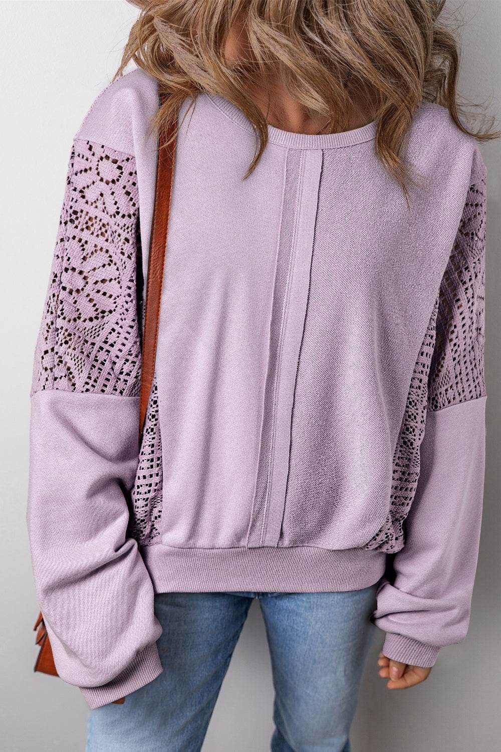 Crochet Round Neck Long Sleeve Sweatshirt Pink Purple for a perfect OOTD – dress to impress outfits from Amexza