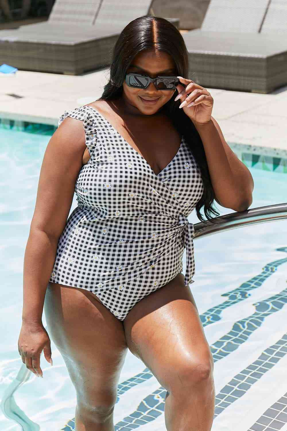 Marina West Swim Full Size Float On Ruffle Faux Wrap One-Piece in Black for a perfect OOTD – dress to impress outfits from Amexza