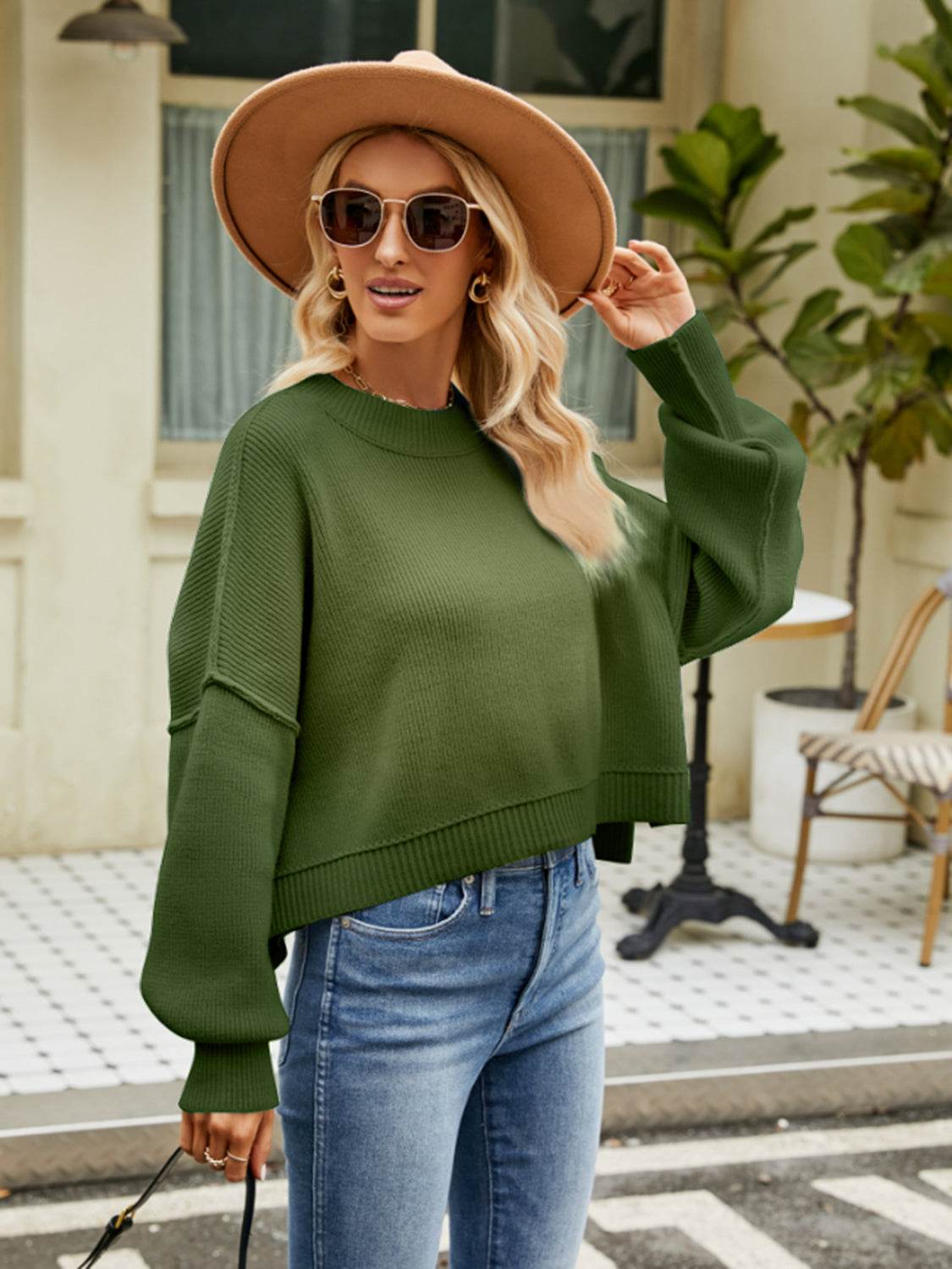 Round Neck Lantern Sleeve Sweater Army Green for a perfect OOTD – dress to impress outfits from Amexza