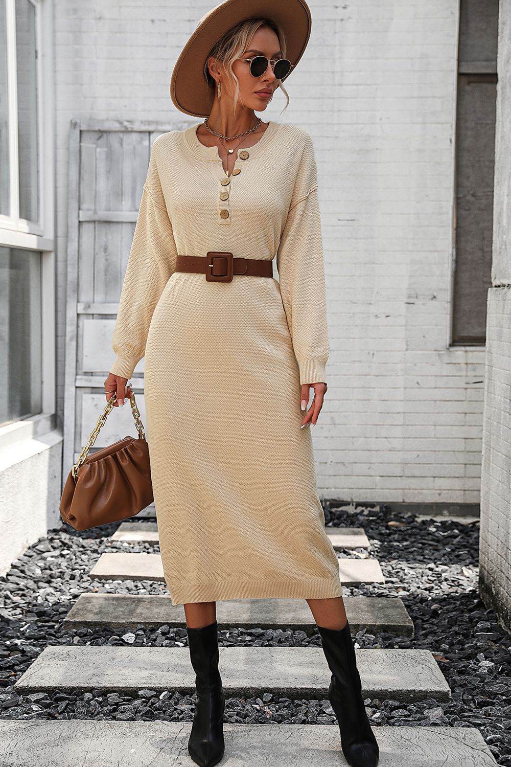 Decorative Button Notched Dropped Shoulder Sweater Dress Tan for a perfect OOTD – dress to impress outfits from Amexza