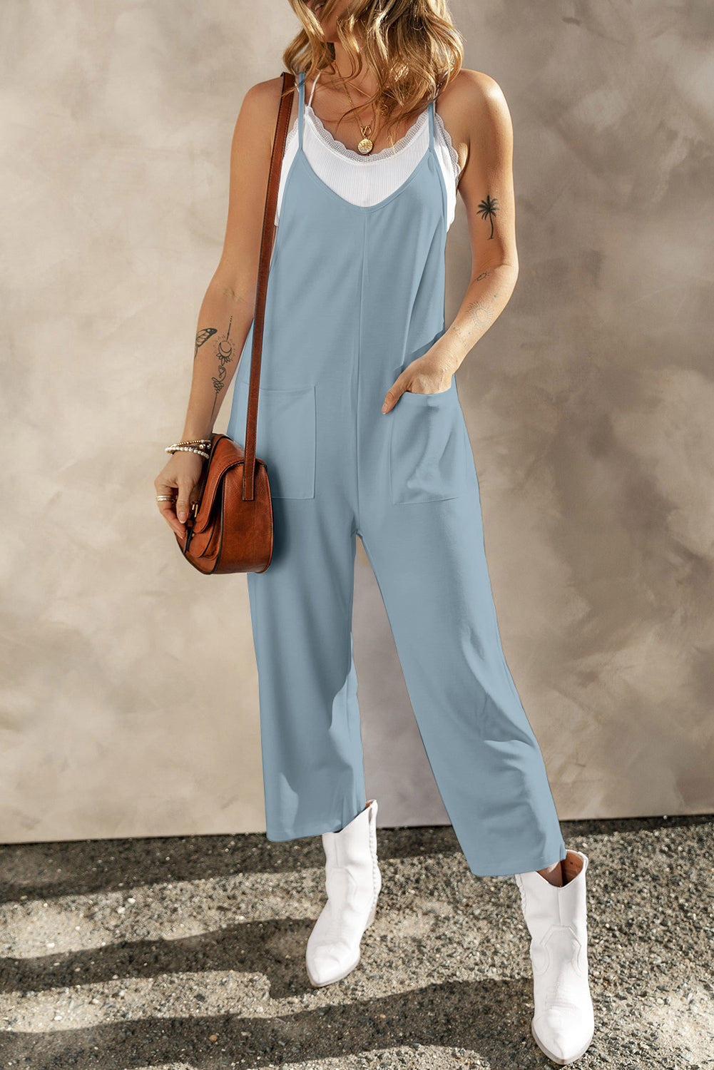 Pocketed Spaghetti Strap Wide Leg Jumpsuit Light Blue for a perfect OOTD – dress to impress outfits from Amexza