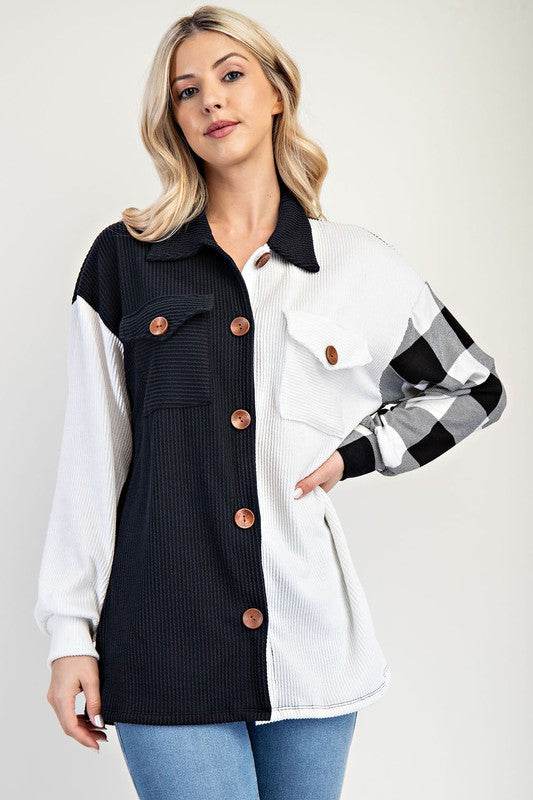 Celeste Full Size Plaid Contrast Button Up Shacket White for a perfect OOTD – dress to impress outfits from Amexza