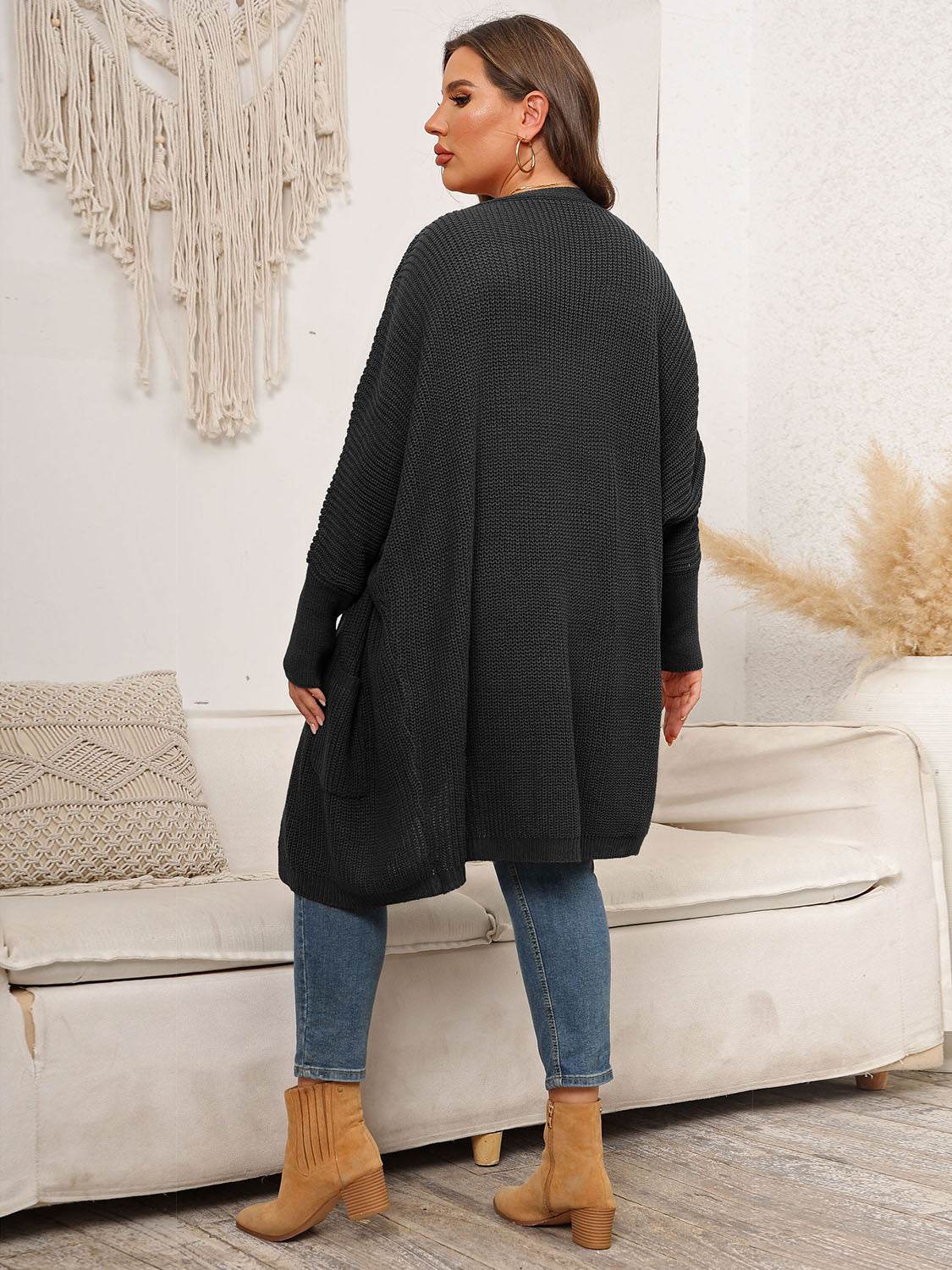 Plus Size Open Front Cardigan With Pockets - Amexza