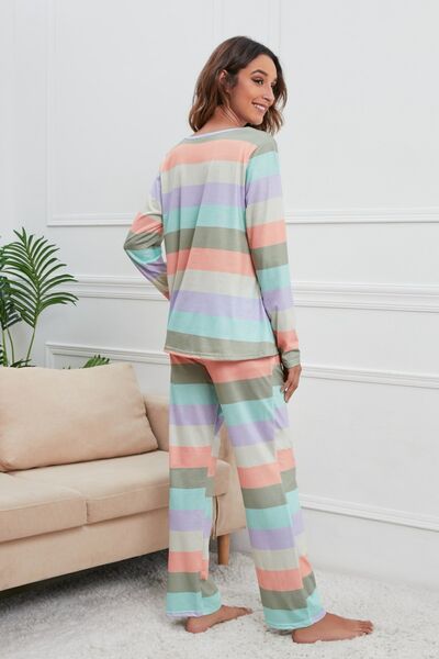 Striped Round Neck Long Sleeve Top and Drawstring Pants Lounge Set for a perfect OOTD – dress to impress outfits from Amexza