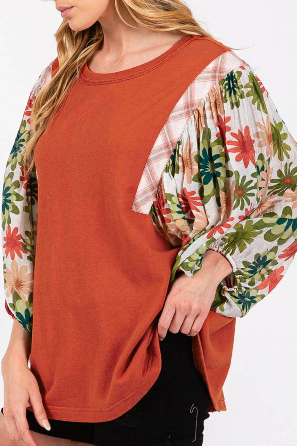 Printed Round Neck Balloon Sleeve Blouse for a perfect OOTD – dress to impress outfits from Amexza