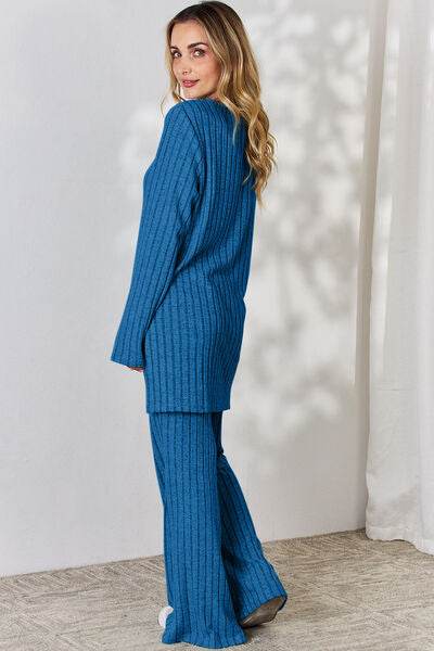 Basic Bae Full Size Ribbed High-Low Top and Wide Leg Pants Set for a perfect OOTD – dress to impress outfits from Amexza