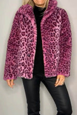 Full Size Leopard Furry Collared Neck Long Sleeve Coat - Amexza